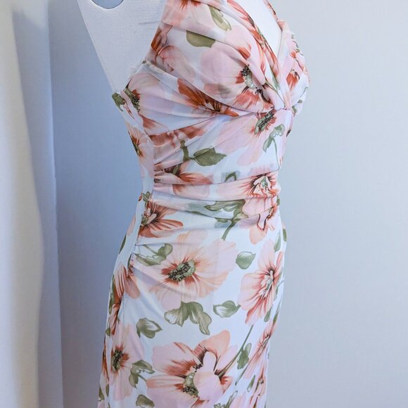 Vintage Y2K Floral Bodycon Dress Ruched Mesh Fairycore Coquette Babydoll Sz 6 - Picture 2 of 15